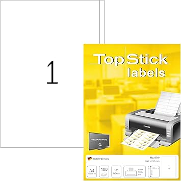 TopStick Etichette multiuso autoadesive, 1 etichetta per foglio A4, 100 fogli, 200 x 297 mm, 100 etichette, etichette universali vuote, per stampanti laser e inkjet, bianco